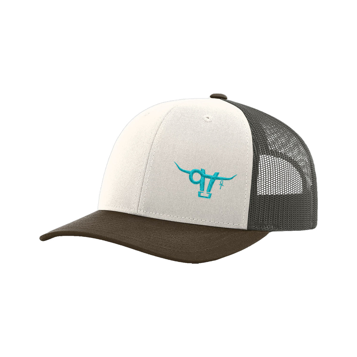 SwingN9T Bull Richardson 112 Hat / Cream/Grey Brown/Brown / Teal / angle on white