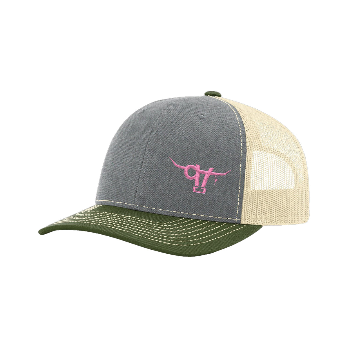 SwingN9T Bull Richardson 112 Hat / Heather Grey/Birch/Army Olive / Pink / angle on white