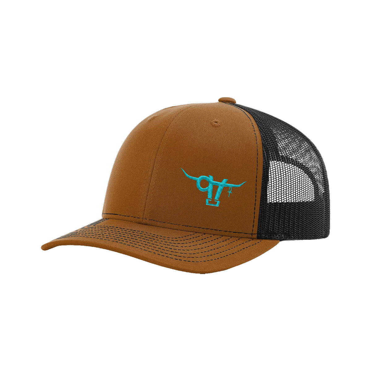 SwingN9T Bull Richardson 112 Hat / Caramel/Black / Teal / angle on white