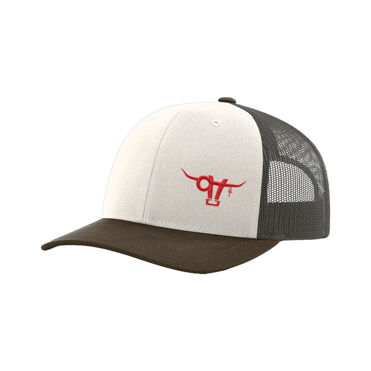 SwingN9T Bull Richardson 112 Hat / Cream/Grey Brown/Brown / Red / angle on white