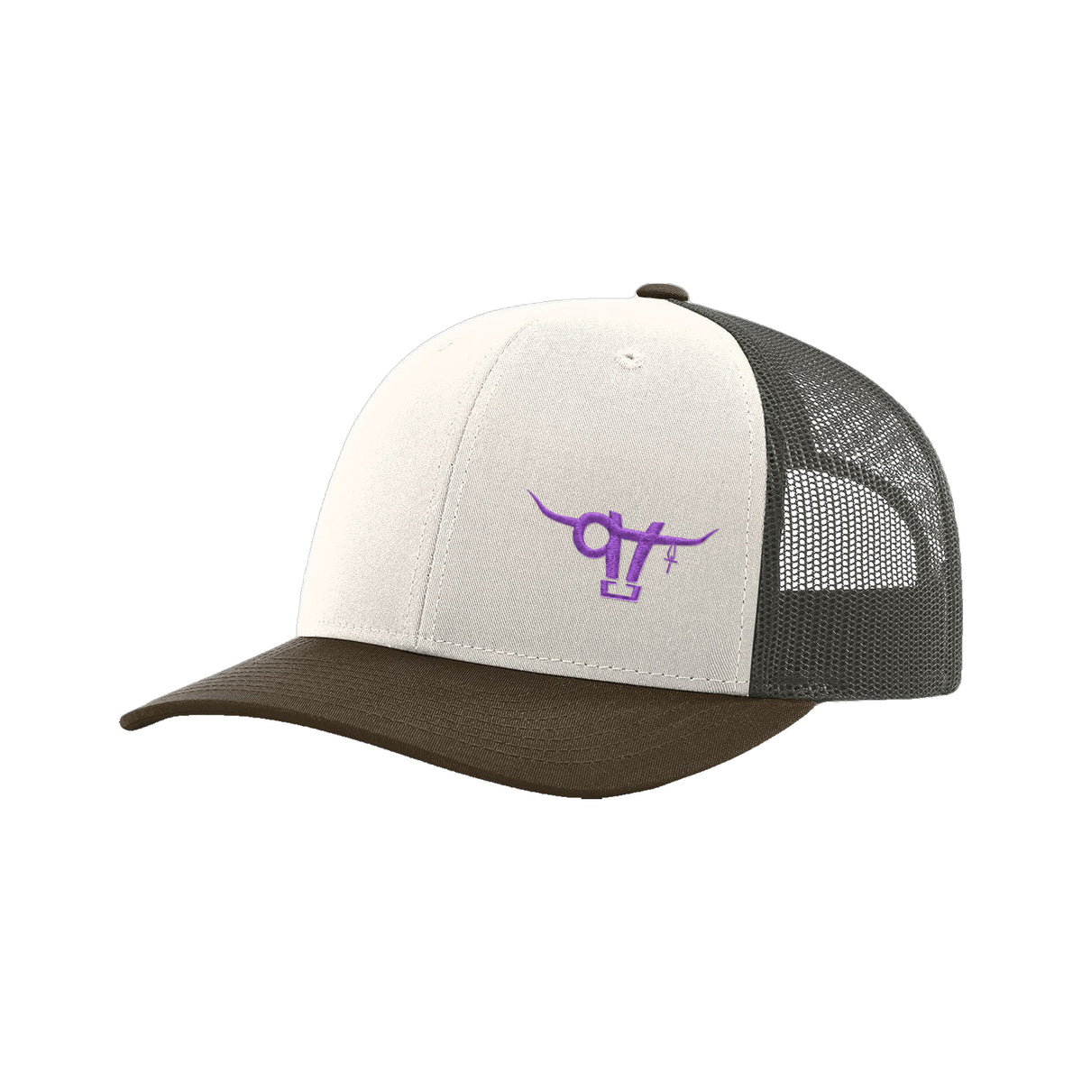 SwingN9T Bull Richardson 112 Hat / Cream/Grey Brown/Brown / Purple / angle on white