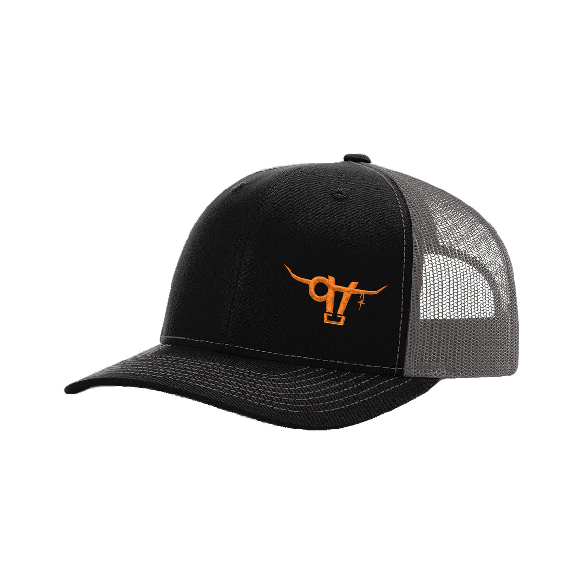 SwingN9T Bull Richardson 112 Hat / Black/Charcoal / Orange / angle on white