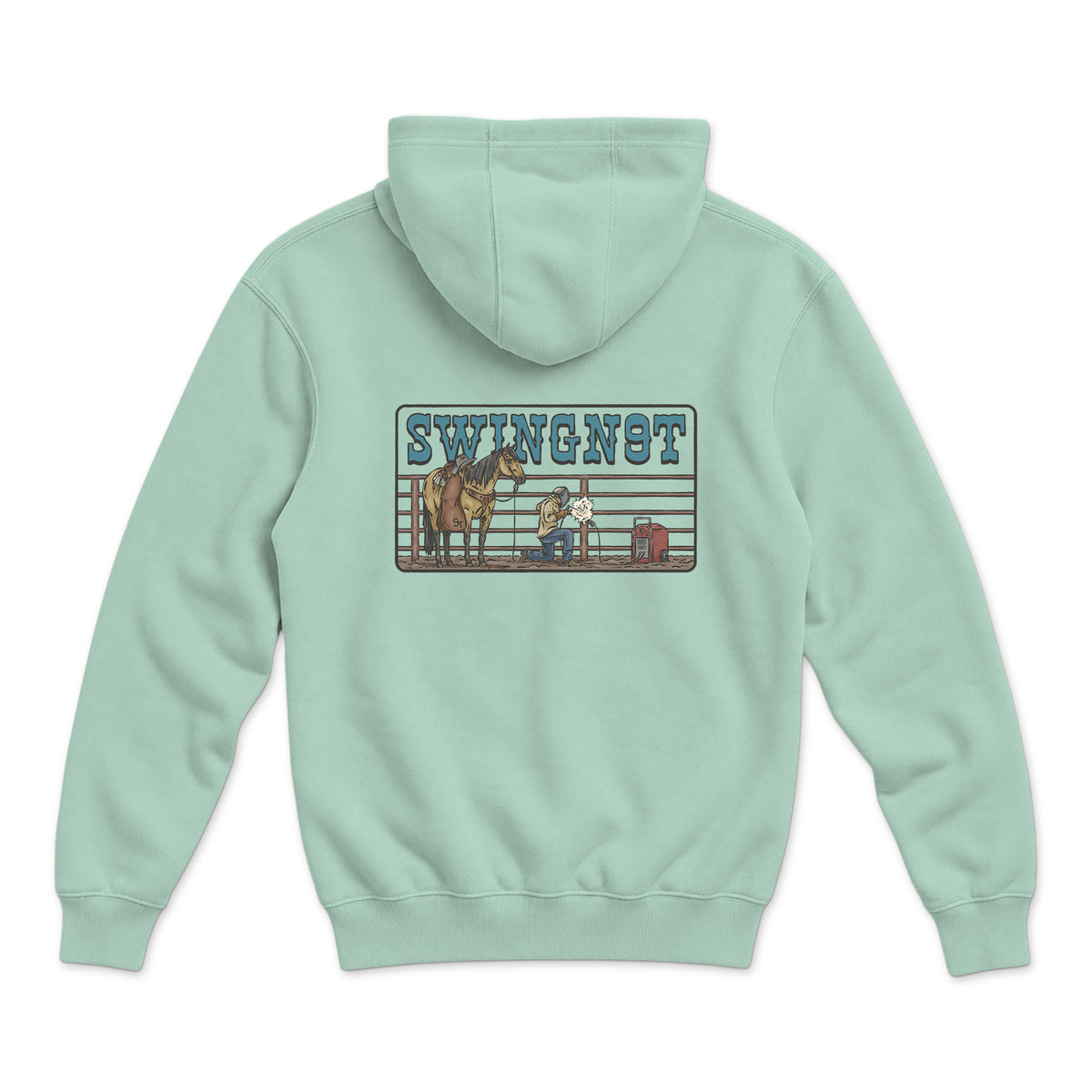 Welder Hoodie — Seafoam — back view on white