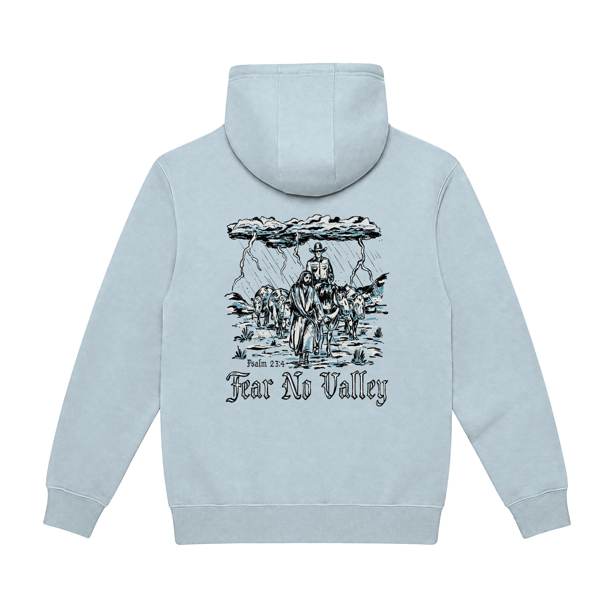 Fear No Valley Hoodie / Blue Mist / back on white