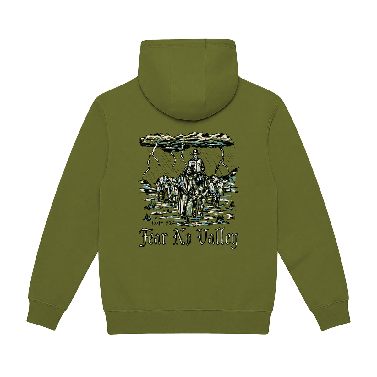 Fear No Valley Hoodie / Army Green / back on white