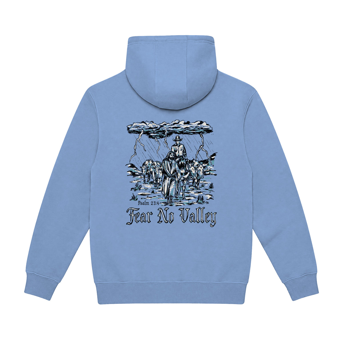 Fear No Valley Hoodie / Colony Blue / back on white