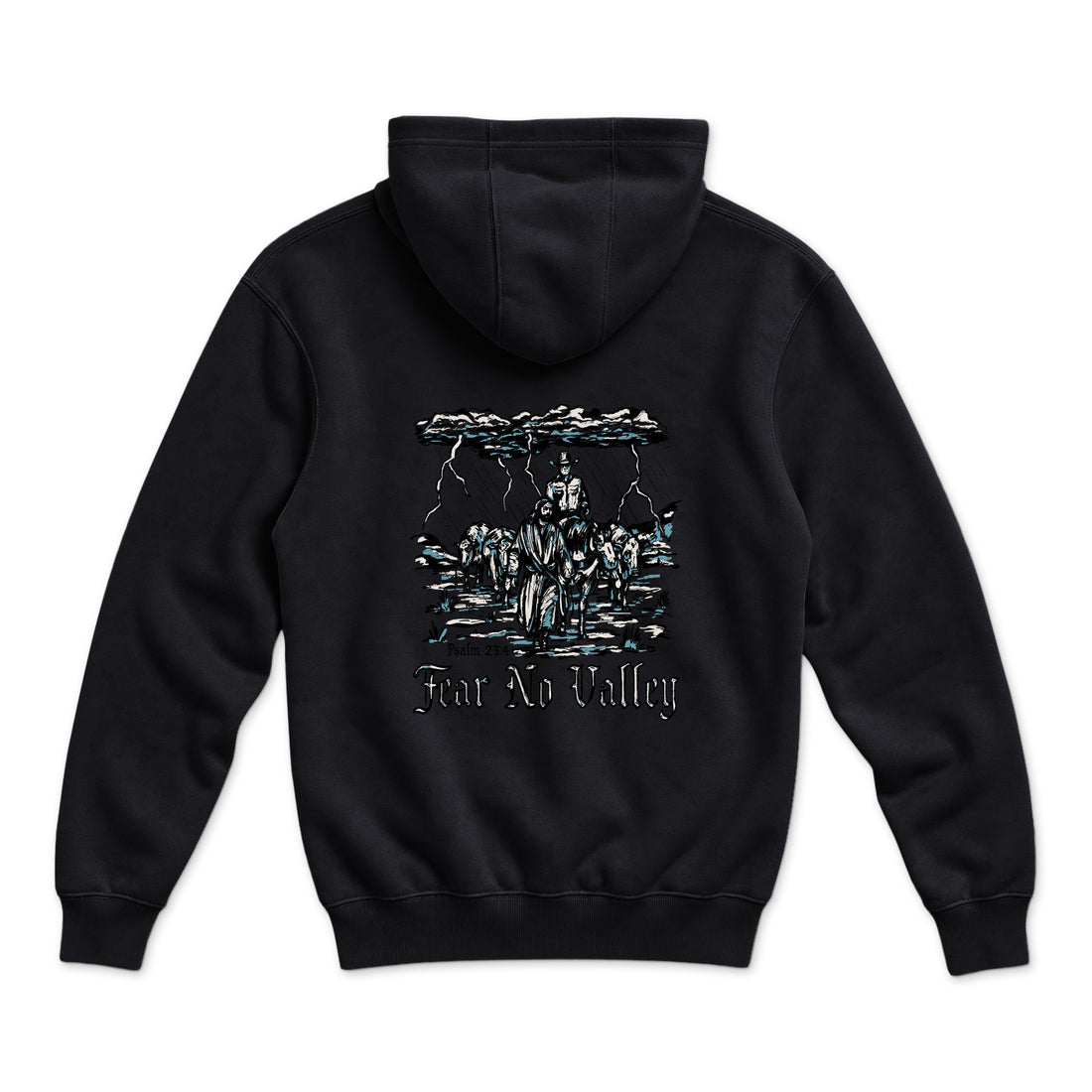 Fear No Valley Hoodie — Black — back view on white