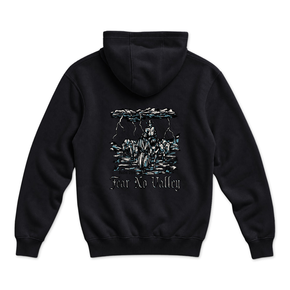 Fear No Valley Hoodie — Black — back view on white