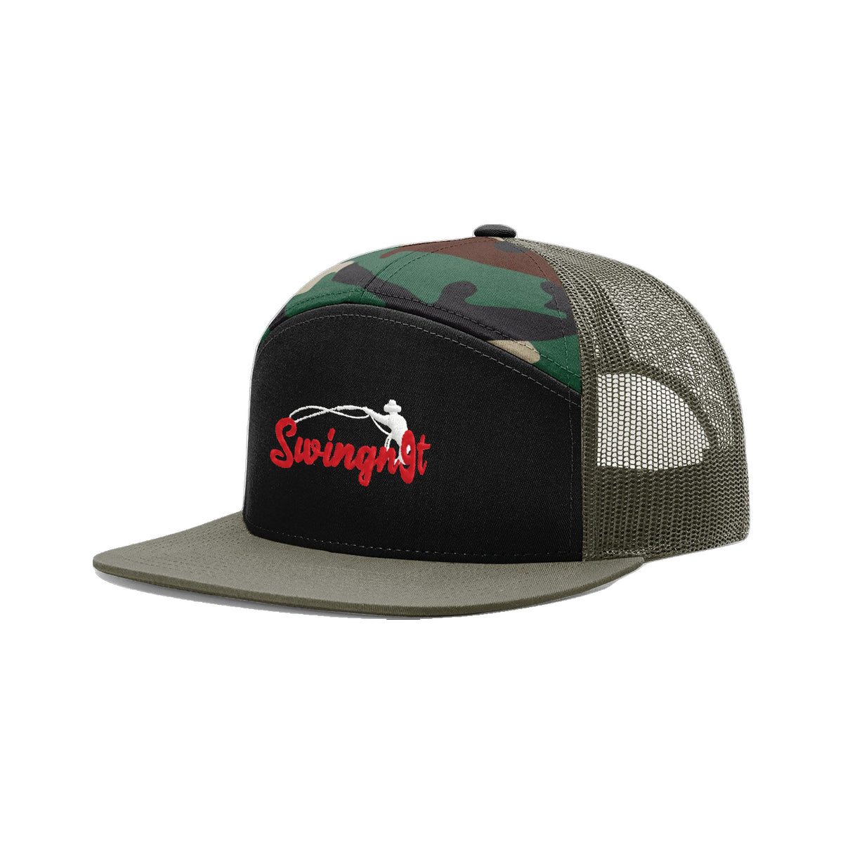 SwingN9T Roping Richardson 168 Hat / Black/Green Camo/Loden / Red/White / angle on white