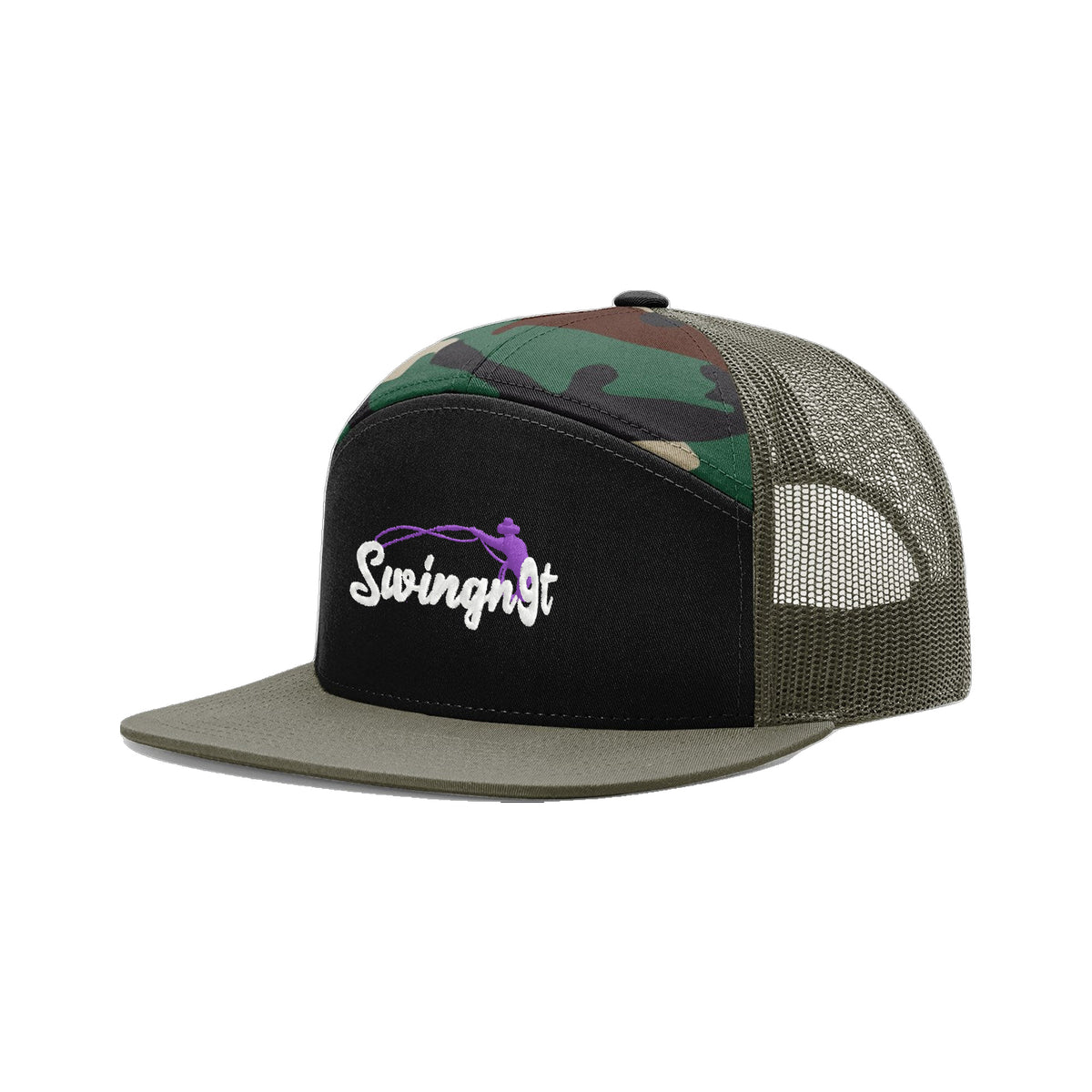 SwingN9T Roping Richardson 168 Hat / Black/Green Camo/Loden / White/Purple / angle on white
