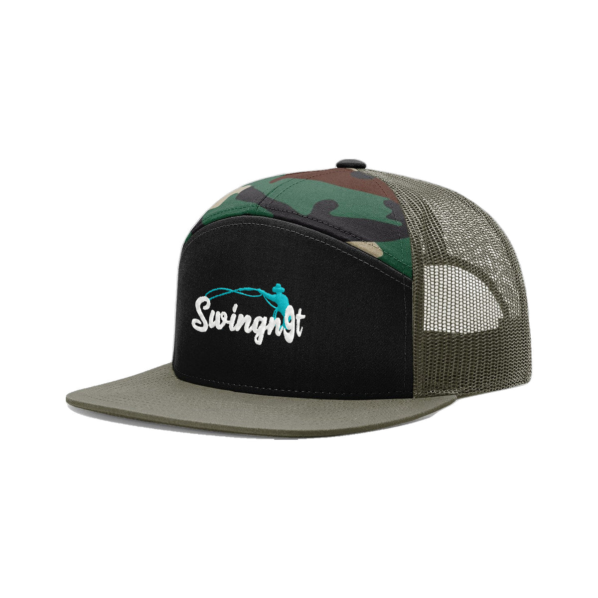SwingN9T Roping Richardson 168 Hat / Black/Green Camo/Loden / White/Teal / angle on white