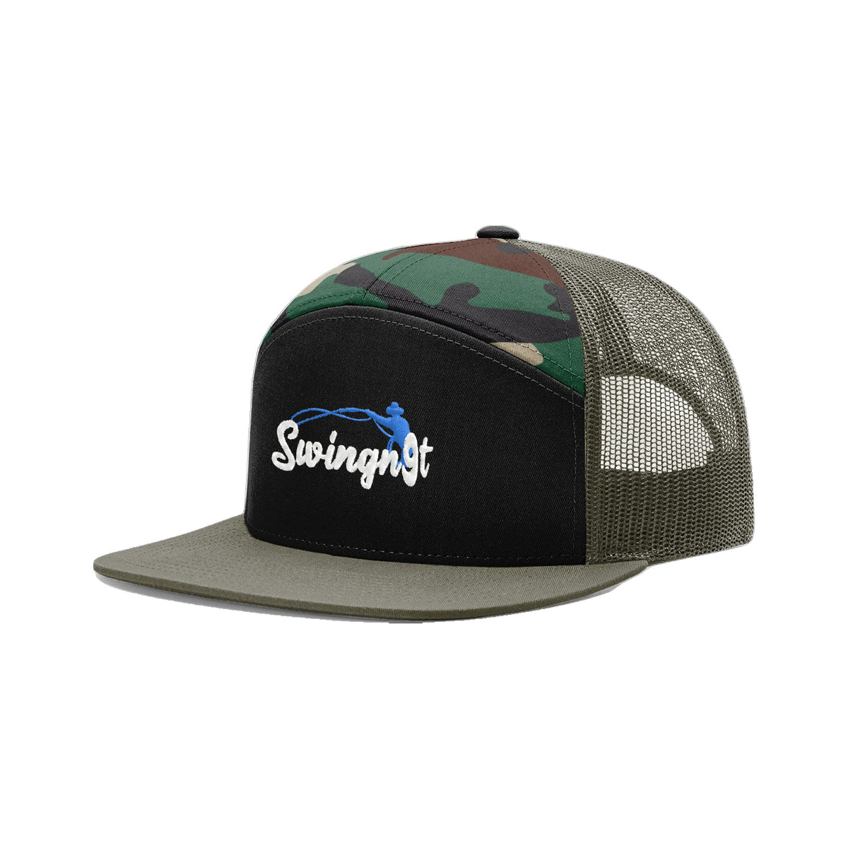 SwingN9T Roping Richardson 168 Hat / Black/Green Camo/Loden / White/Blue / angle on white