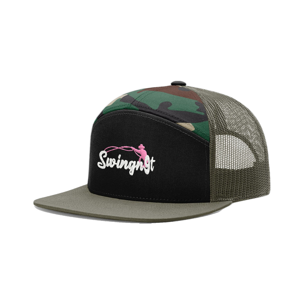 SwingN9T Roping Richardson 168 Hat / Black/Green Camo/Loden / White/Pink / angle on white
