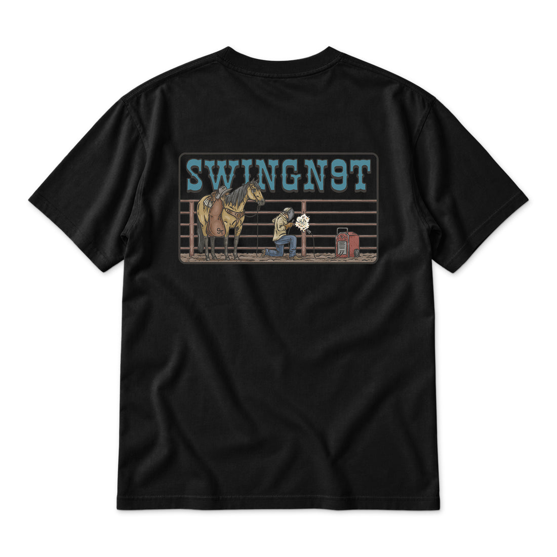 SwingN9T Welder T-Shirt — Black — back view on white