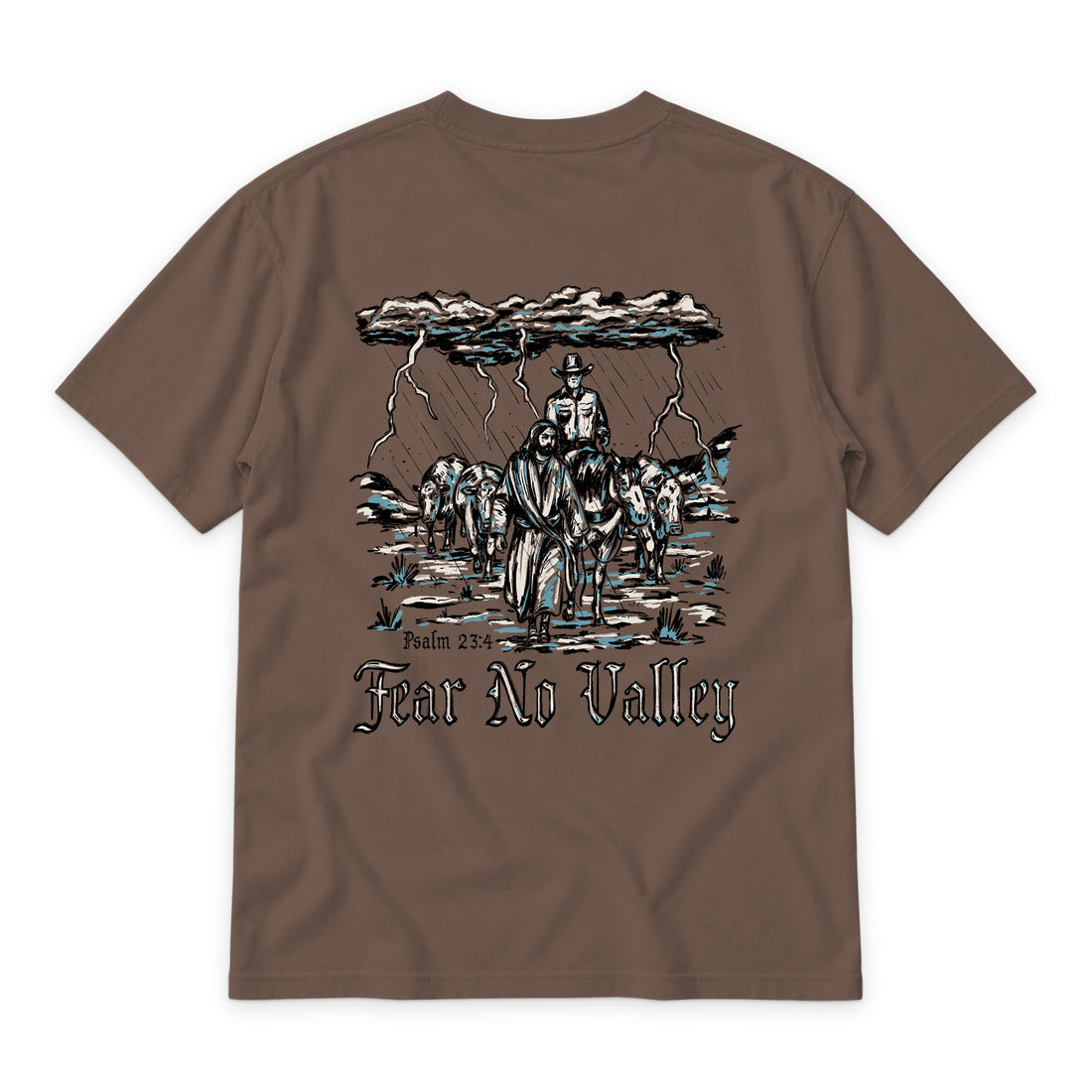 Fear No Valley T-Shirt — Espresso — back view on white