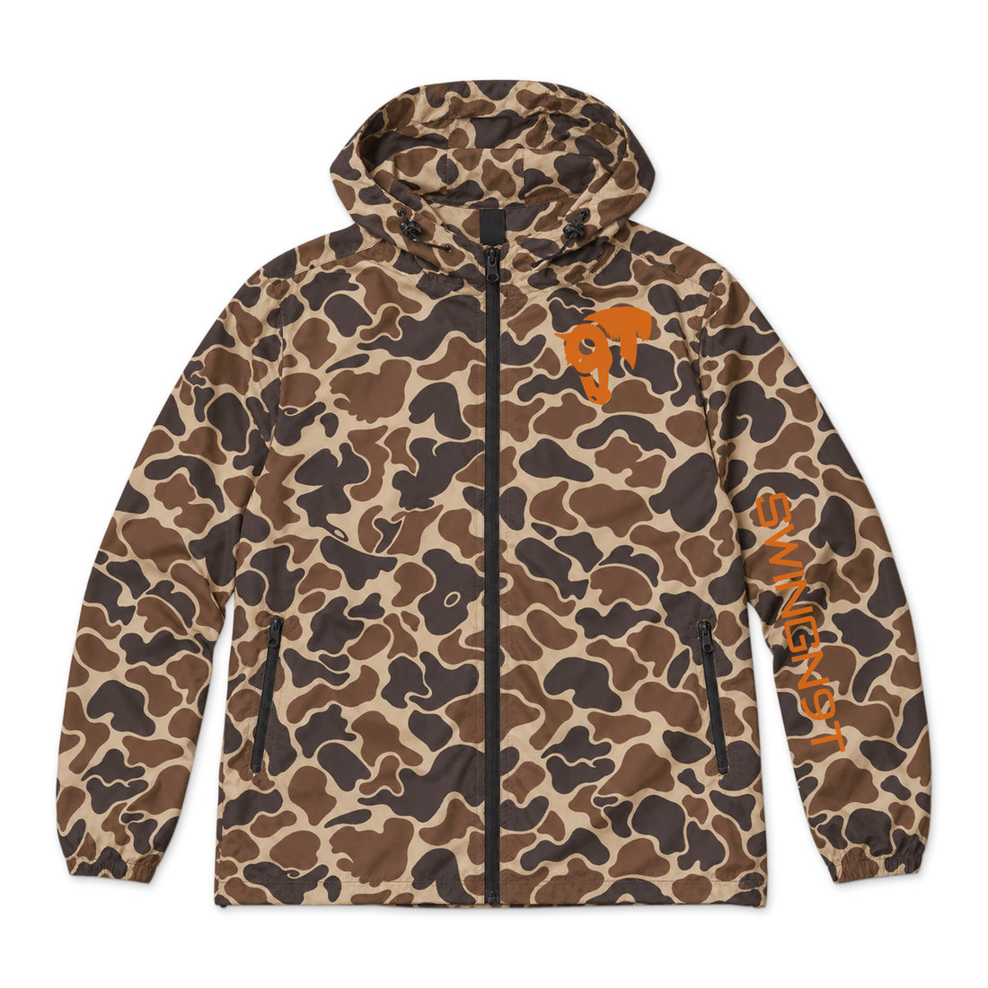 SwingN9T Duck Camo Hooded Windbreaker — Duck Camo — front view on white