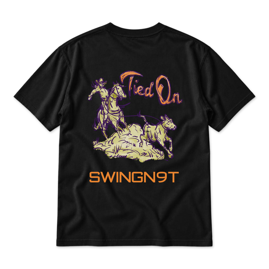 Swingn9t Tied On Branded T-Shirt — Black — back view on white