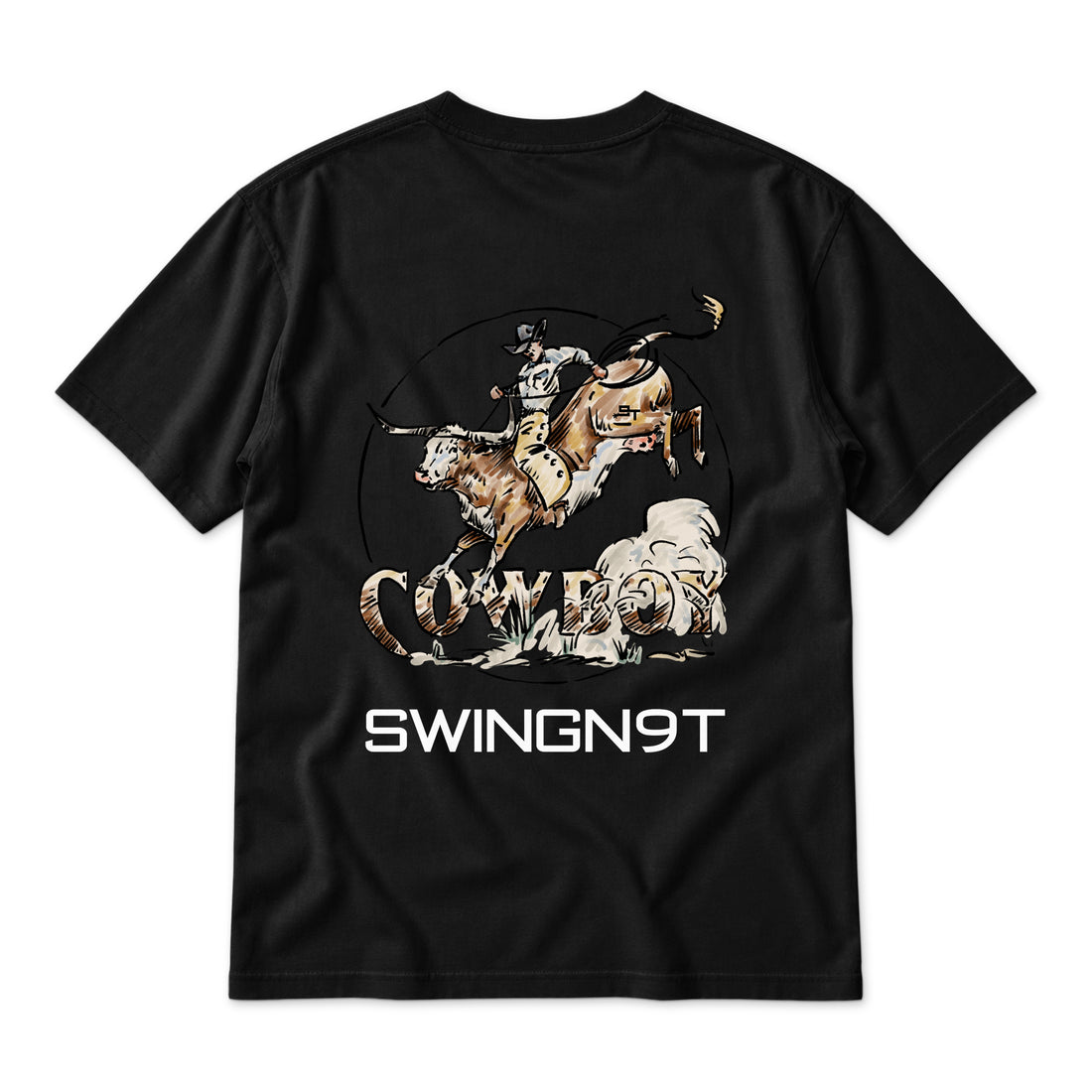 Swingn9t Cowboy Branded T-Shirt — Black — back view on white