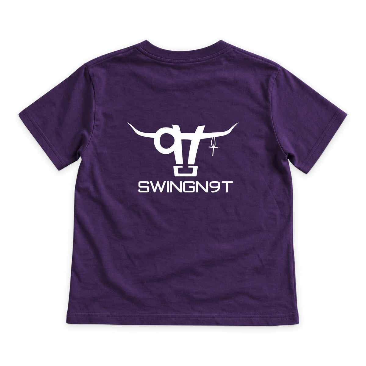 SWINGN9T Kid T-Shirt — Purple — back view on white