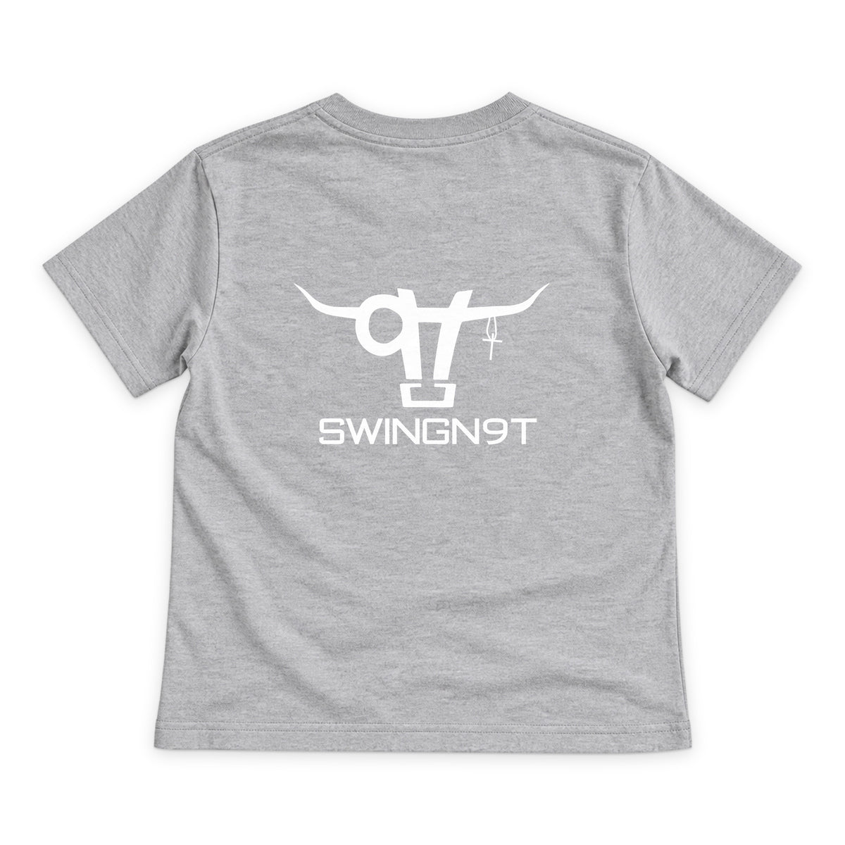 SWINGN9T Kid T-Shirt — Sport Grey — back view on white