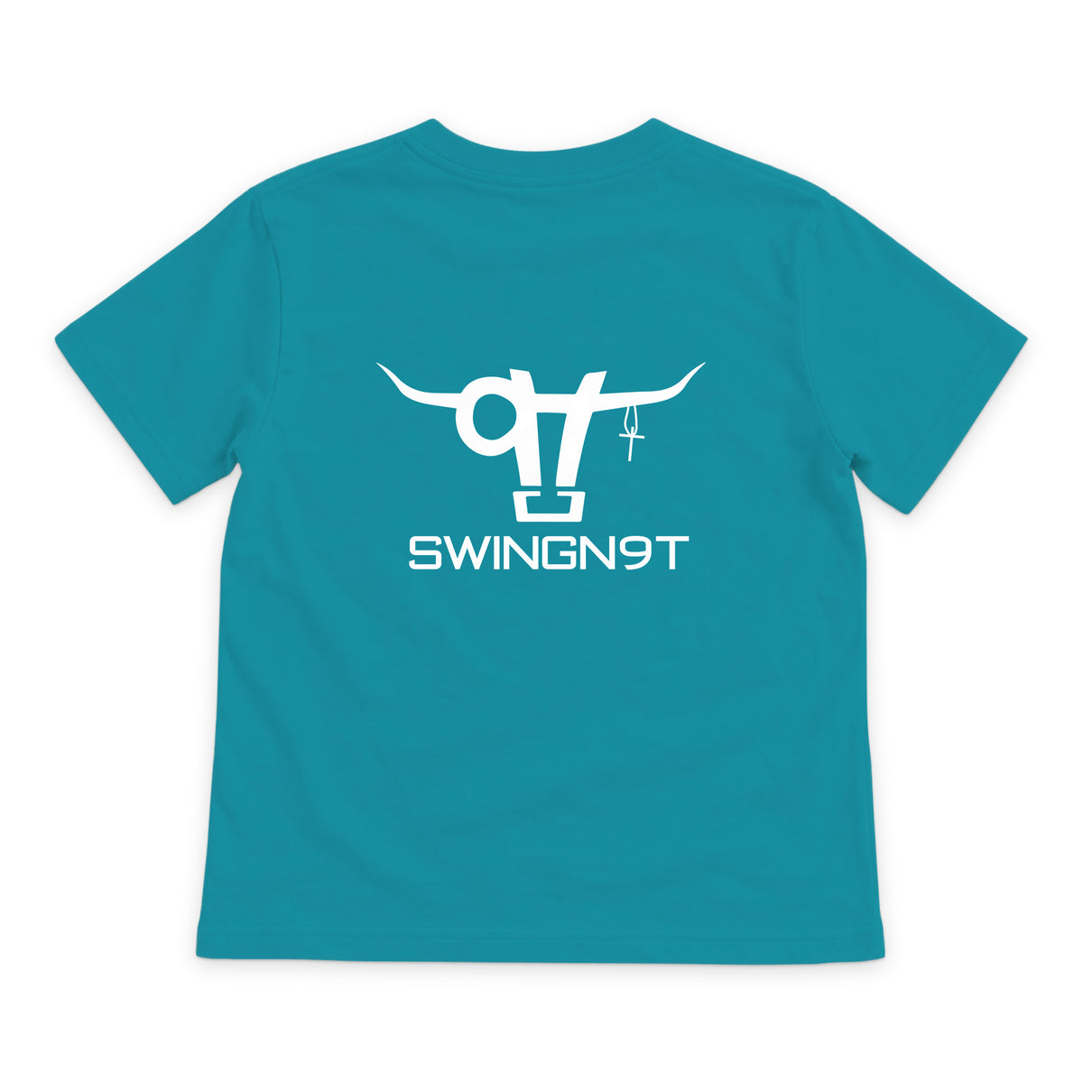 SWINGN9T Kid T-Shirt — Tropical Blue — back view on white