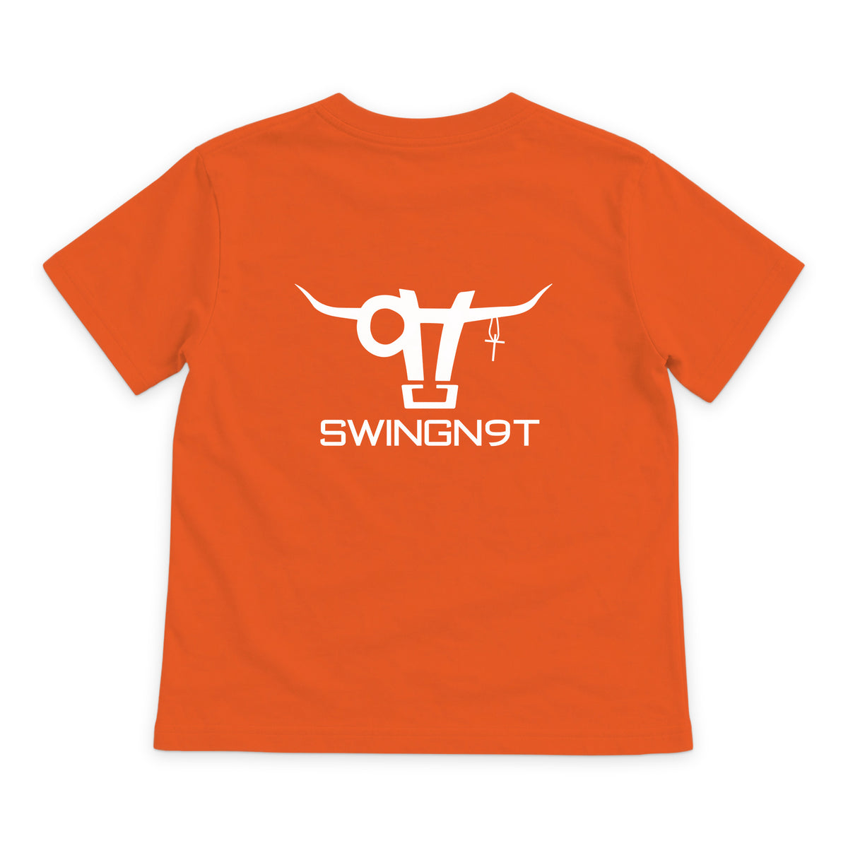 SWINGN9T Kid T-Shirt — Orange — back view on white