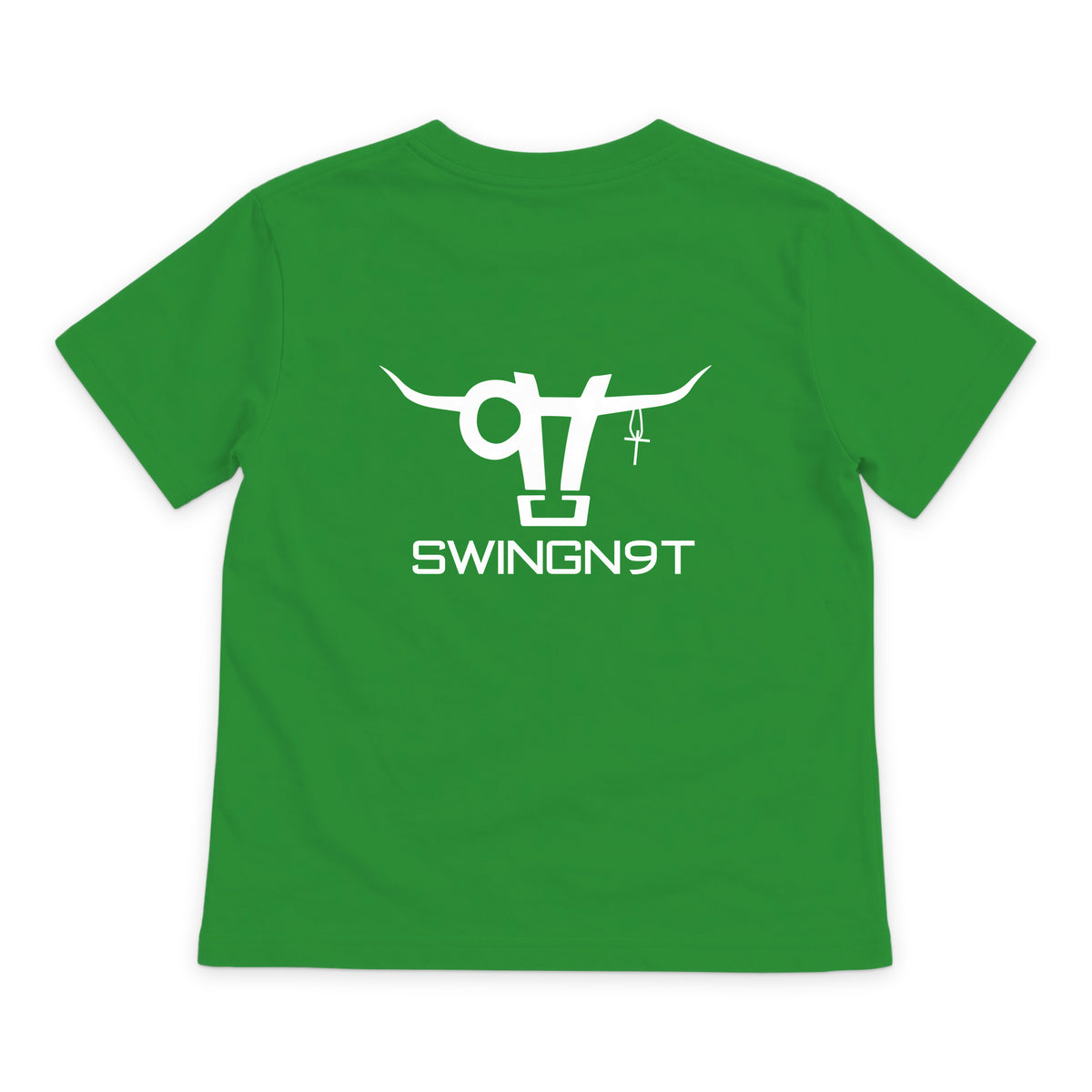 SWINGN9T Kid T-Shirt — Irish Green — back view on white