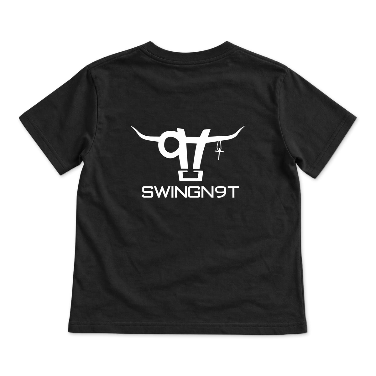 SWINGN9T Kid T-Shirt — Black — back view on white