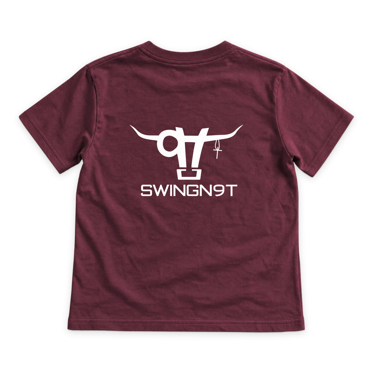 SWINGN9T Kid T-Shirt — Maroon — back view on white