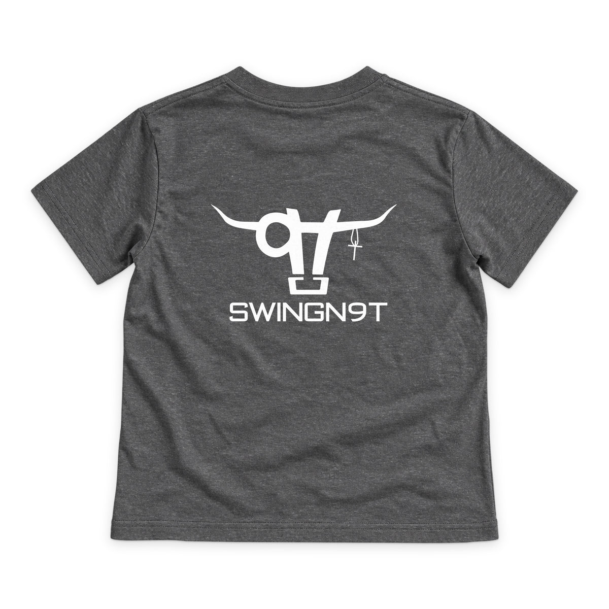 SWINGN9T Kid T-Shirt — Dark Heather — back view on white