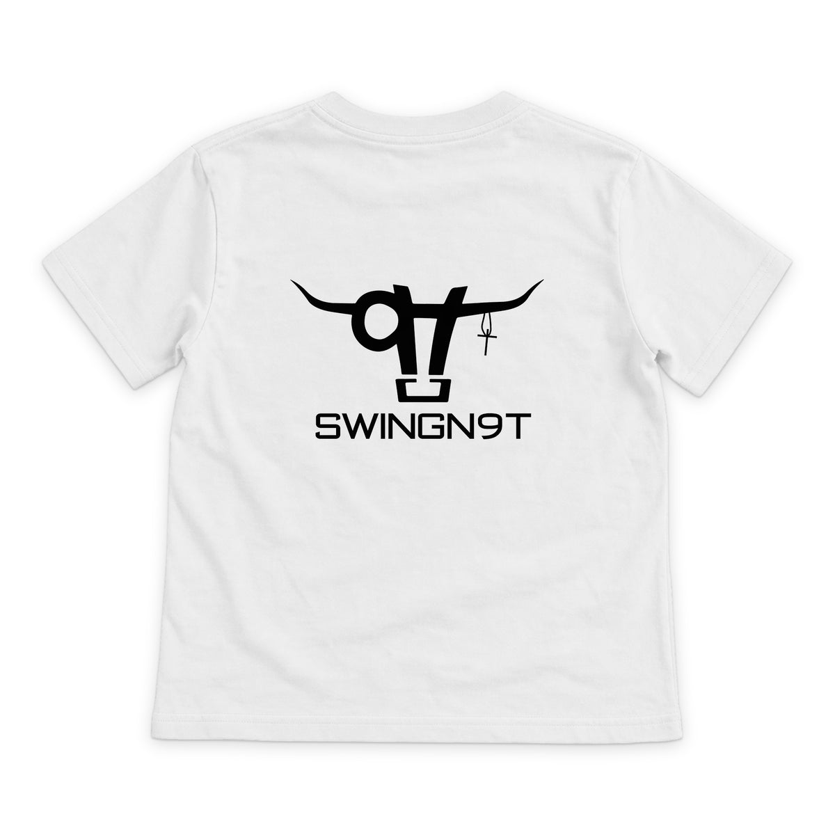 SWINGN9T Kid T-Shirt — White — back view on white