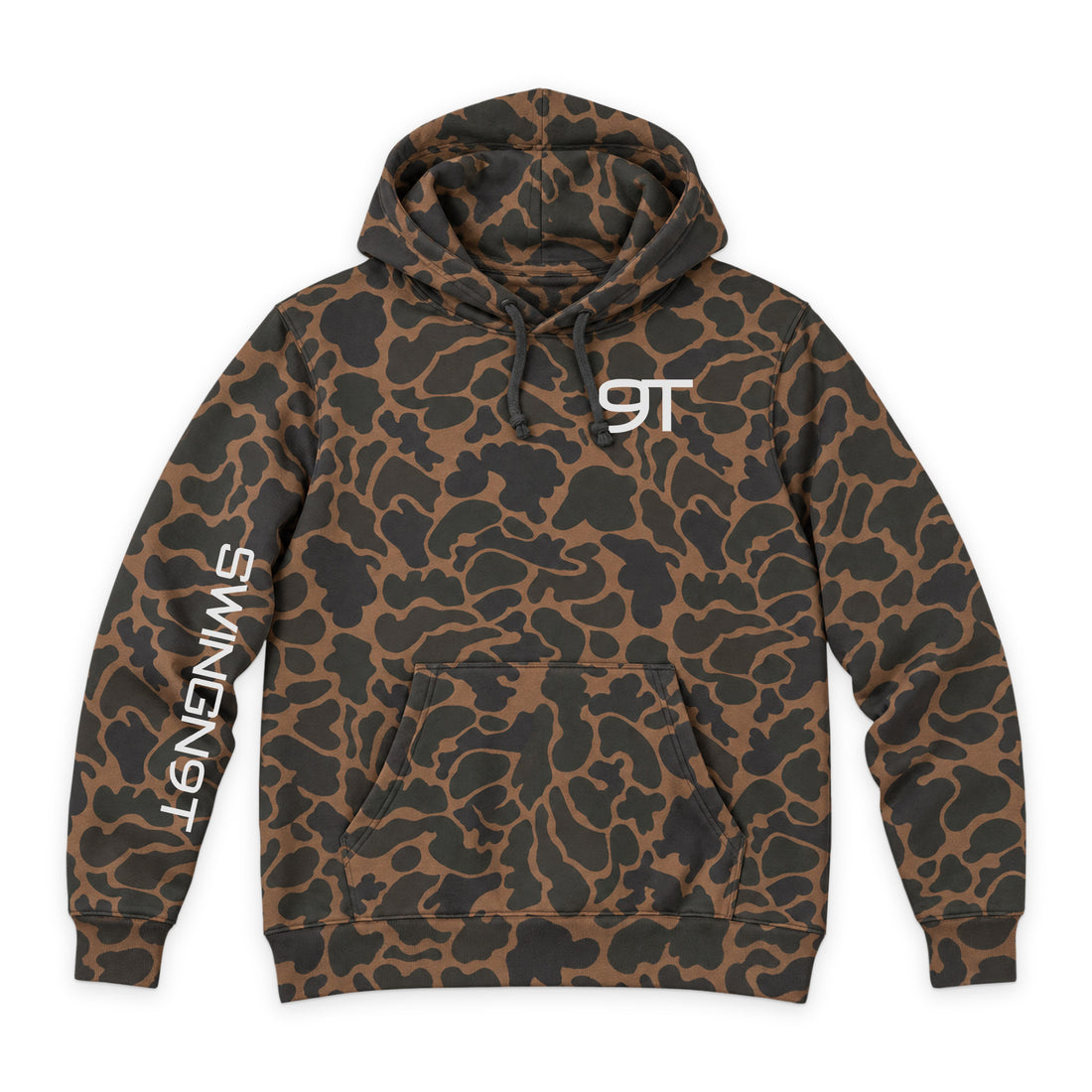 Camo Swingn9t Hoodies — Deadwood Camo — front view on white