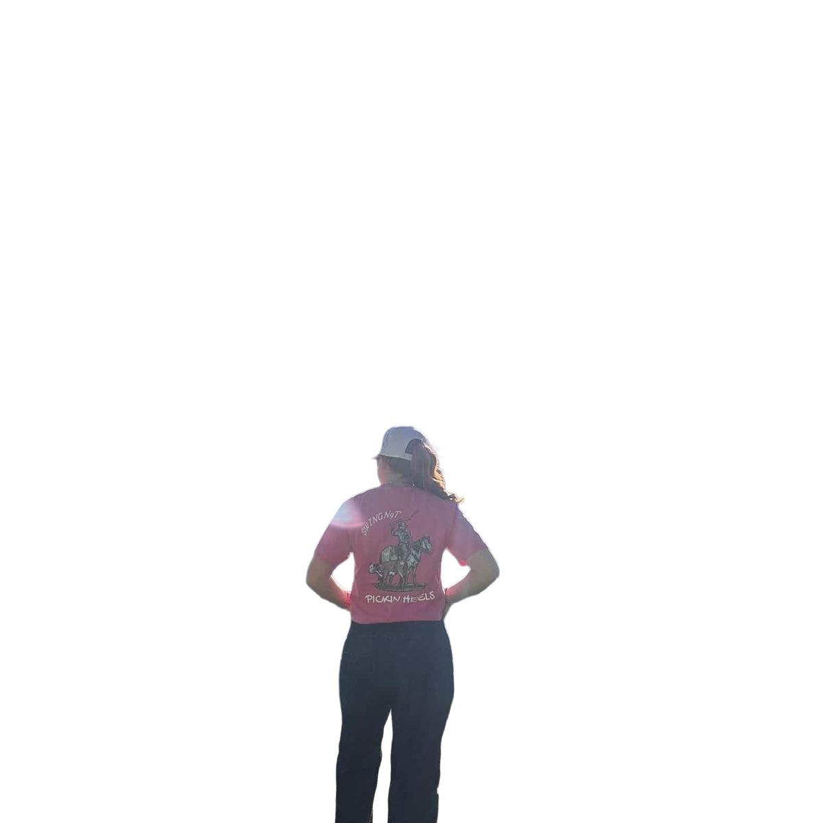 Pickin Heels — original pink tee lifestyle view on white