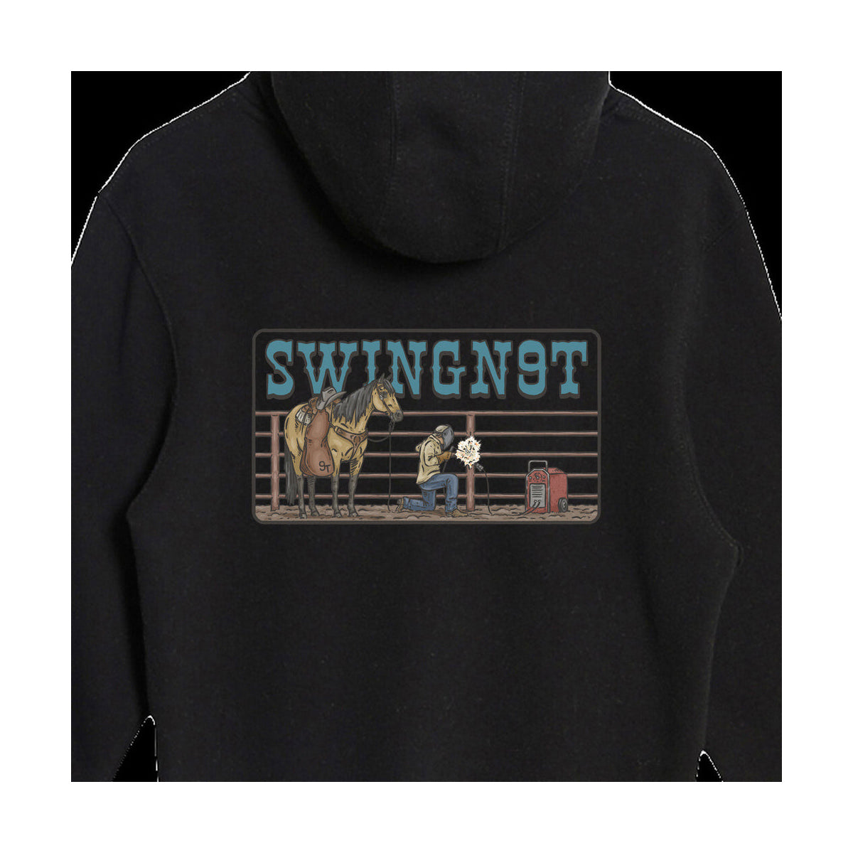 welder hoodie — detail on white
