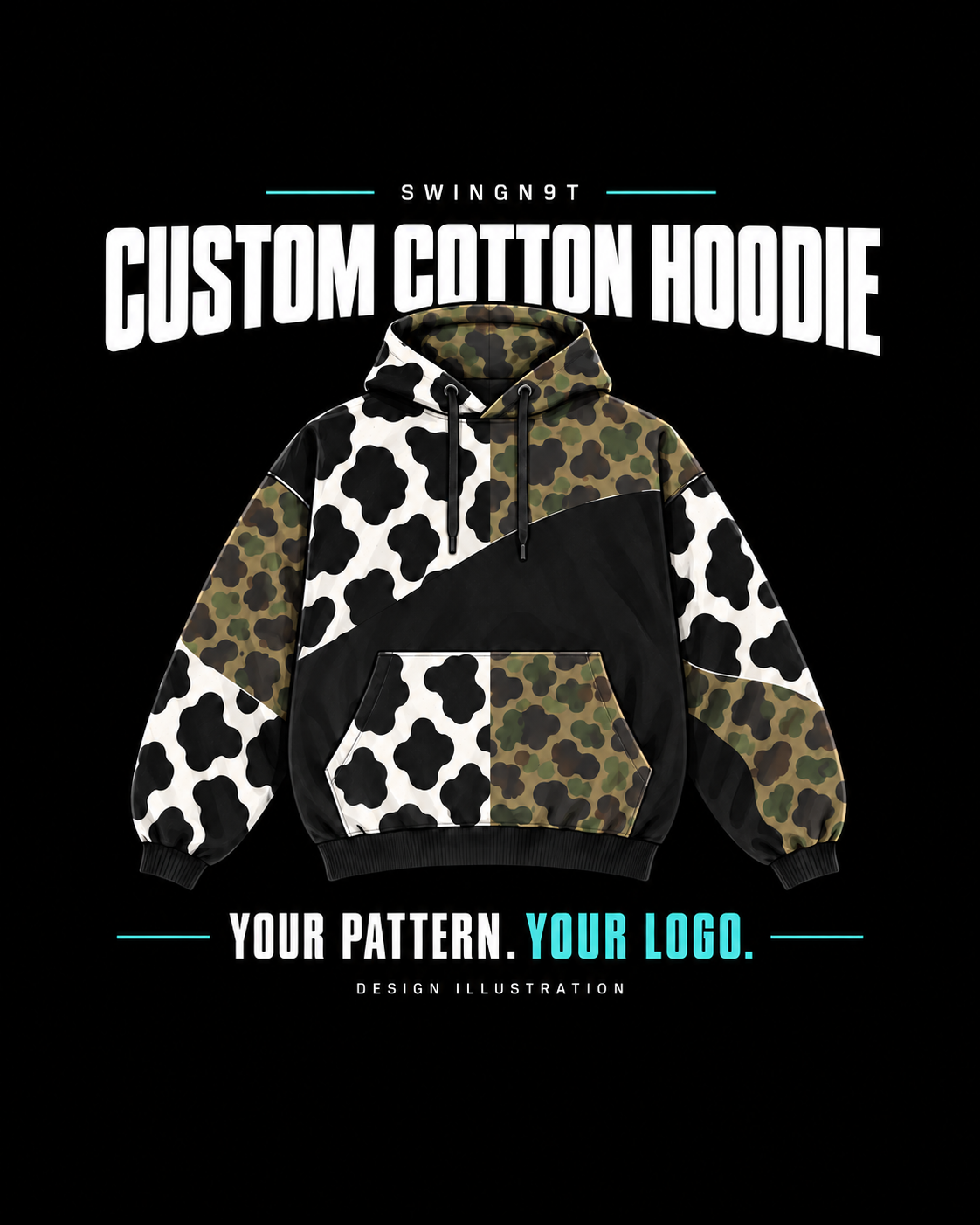 Custom hoodie design illustration with cow-print and duck-camo examples; choose your own pattern and logo.