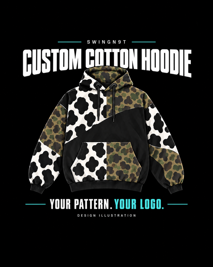Custom hoodie design illustration with cow-print and duck-camo examples; choose your own pattern and logo.