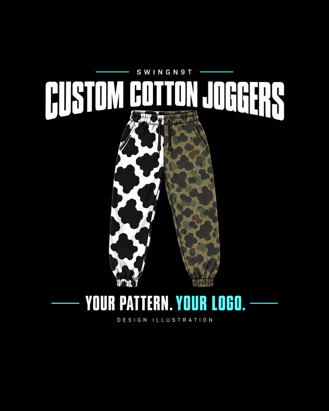 Custom joggers design illustration with cow-print and duck-camo examples; choose your own pattern and logo.