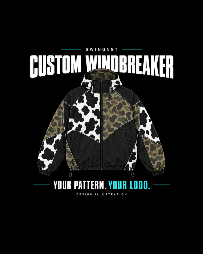 Custom windbreaker design illustration with cow-print and duck-camo examples; choose your own pattern and logo.